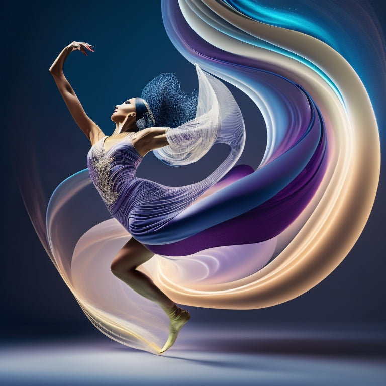 A stylized illustration of a dancer in mid-pose, surrounded by swirling lines and shapes, with gentle, fluid movements and subtle gradient colors, conveying flexibility, fluidity, and dynamic energy.