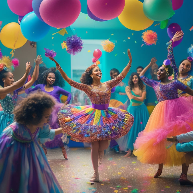 A vibrant illustration depicting a whimsical dance studio filled with colorful balloons, swirling ribbons, and confetti, surrounded by joyful dancers of diverse ages and abilities, lost in movement and music.