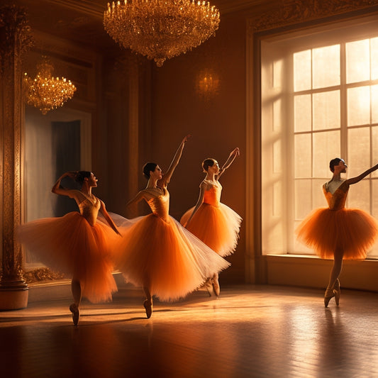 A warm, golden-lit dance studio with three ballerinas in various states of movement, surrounded by soft, flowing fabrics, and subtle, impressionist brushstrokes.