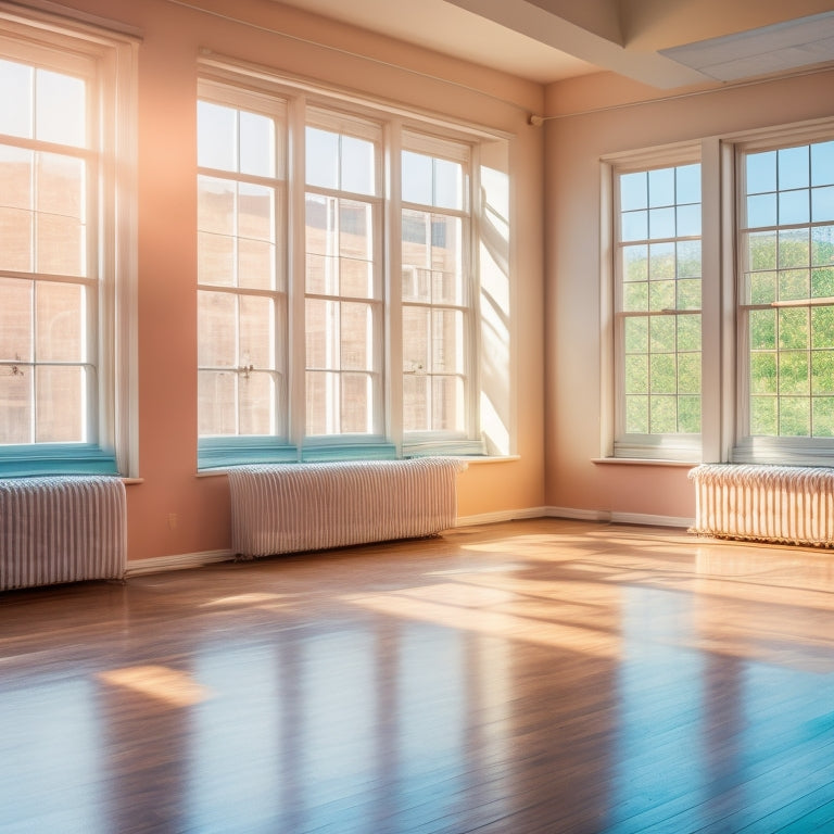 A serene ballet studio with sunlight streaming through large windows, dancers practicing at the barre, colorful yoga mats on the floor, a cozy corner with water bottles and towels, and inspiring ballet posters on the walls.