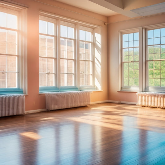 A serene ballet studio with sunlight streaming through large windows, dancers practicing at the barre, colorful yoga mats on the floor, a cozy corner with water bottles and towels, and inspiring ballet posters on the walls.