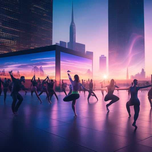 A futuristic dance studio with holographic screens displaying dance moves, surrounded by dancers in various poses, with laptops and tablets open to dance choreography software, amidst a cityscape at sunset.