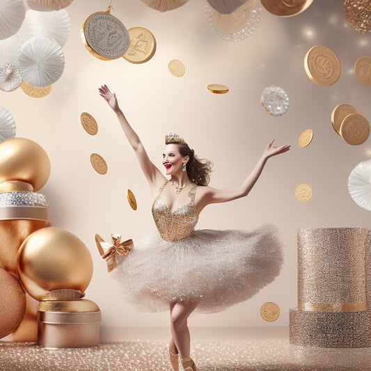 A whimsical illustration of a dancing woman in a vintage-inspired tap outfit, surrounded by coins and piggy banks, amidst a backdrop of confetti and balloons in shades of gold and silver.