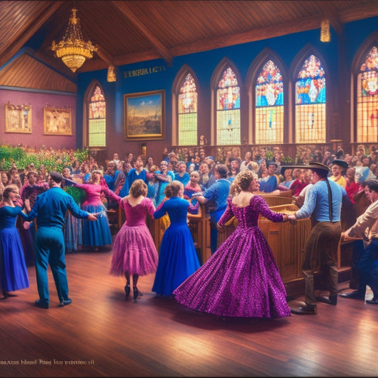 A vibrant illustration depicting a lively square dance scene inside a church hall, featuring colorful swirls of dancers' dresses, fiddlers, and banjos, surrounded by wooden pews and stained glass windows.