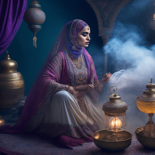 A whimsical illustration of a woman in a flowing, intricately patterned hijab and layered skirts, surrounded by swirling smoke, lanterns, and Middle Eastern instruments, lost in rhythmic reverie.