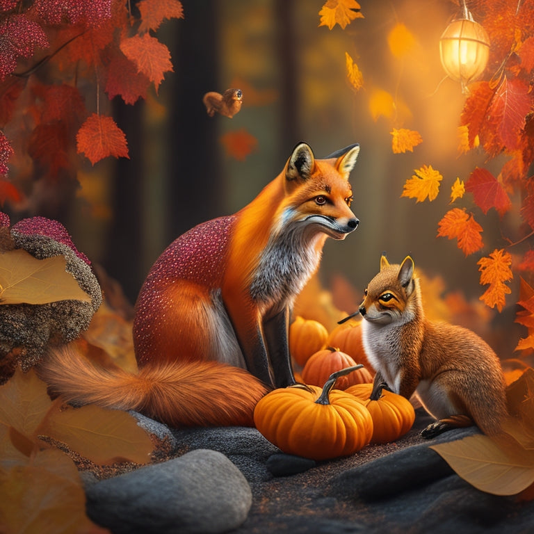 A whimsical autumnal scene featuring a fox, owl, and squirrel amidst vibrant orange, yellow, and red leaves, surrounded by twinkling fireflies and delicate, curling vines.