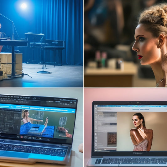 A split-screen image featuring a makeup artist's workstation cluttered with brushes and products on one side, and a laptop open to a dance performance platform on the other, with a blurred dancer in the background.