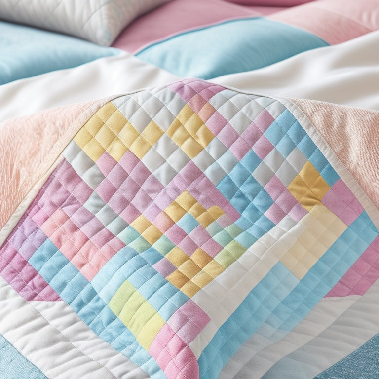 A stylized illustration of a vibrant, dancing triangle quilt with intricate stitching, set against a soft, creamy background, featuring a mix of pastel hues and bold, bright colors.