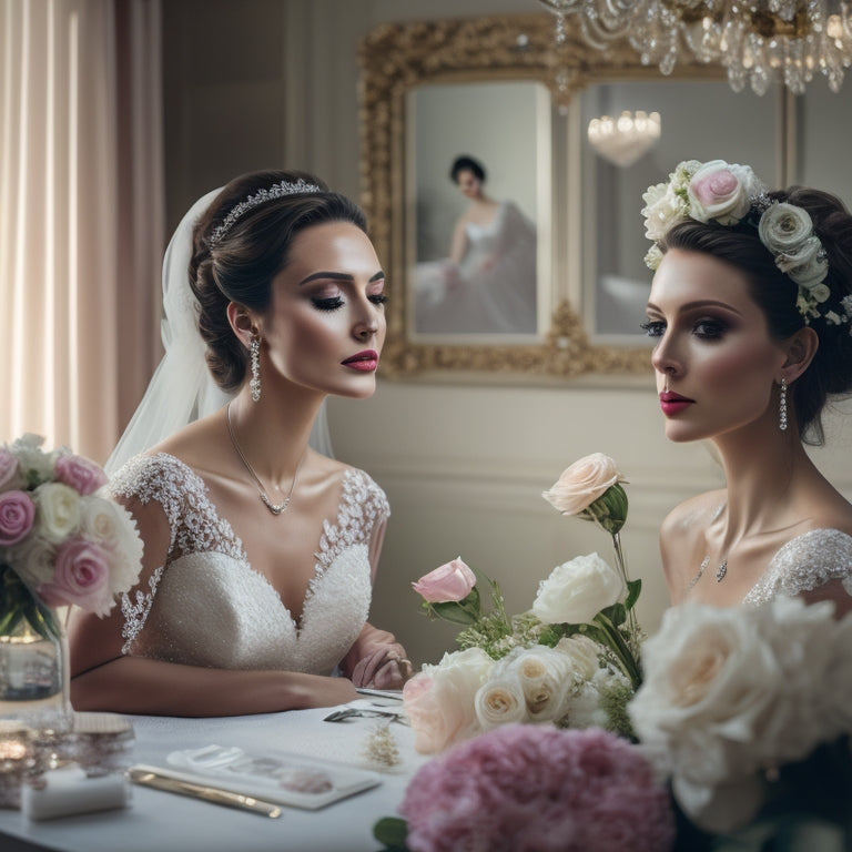 A serene, elegantly decorated bridal suite with a stunning bride sitting in front of a vanity, surrounded by makeup, hair tools, and flowers, with a faint wedding veil hanging in the background.