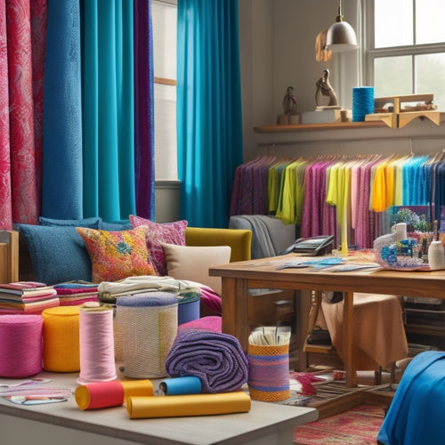 A vibrant workspace filled with colorful fabrics, sewing tools, and sketchbooks. A designer meticulously draping fabric on a mannequin, surrounded by costume sketches, swatches, and inspiring mood boards. Soft natural light illuminates the scene.