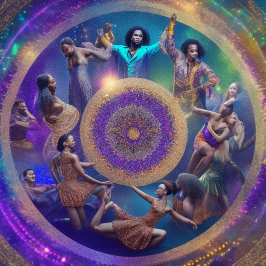 A warm, vibrant illustration of diverse dancers from various genres gathered in a circle, surrounded by swirling patterns of music notes, spotlights, and confetti, conveying unity and celebration.