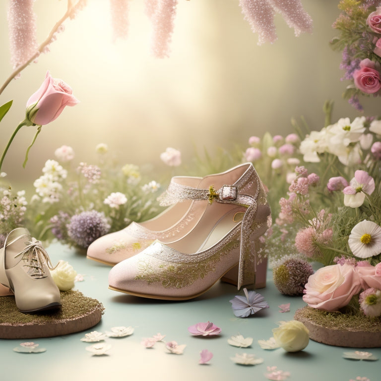 A whimsical illustration of a blooming flower garden, with delicate petals in pastel shades, surrounding a pair of dancing shoes, adorned with ribbons and flowers, on a soft, creamy background.