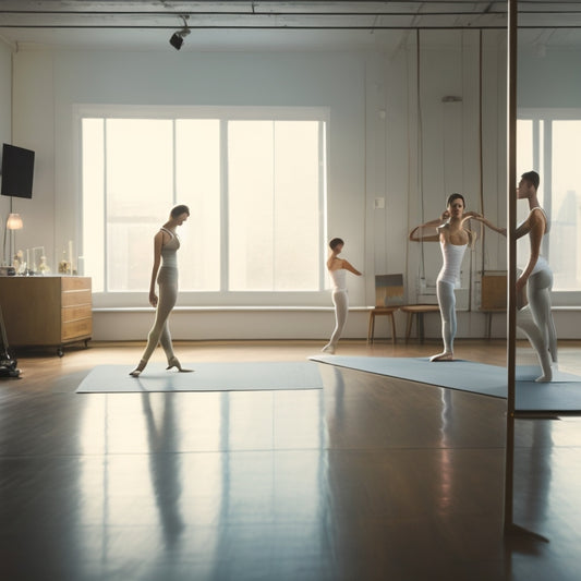 A serene, well-lit studio with a lone figure, a beginner, in the center, surrounded by mirrors, ballet bars, and a few yoga mats, performing a gentle, flowing dance movement.