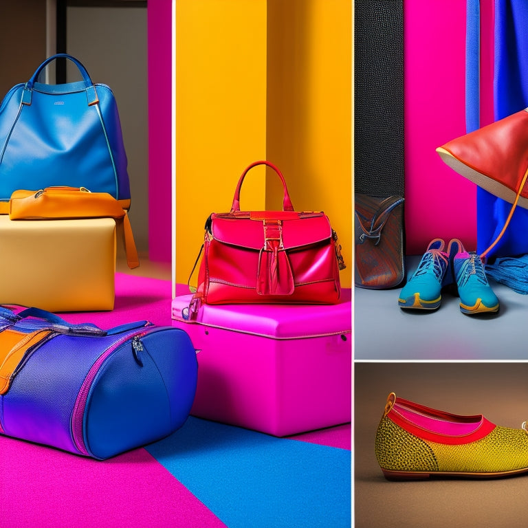 A vibrant dance studio scene showcasing various stylish travel bags: a sleek duffel, a chic backpack, and a compact tote, all surrounded by colorful dance shoes, costumes, and accessories, highlighting versatility and functionality.