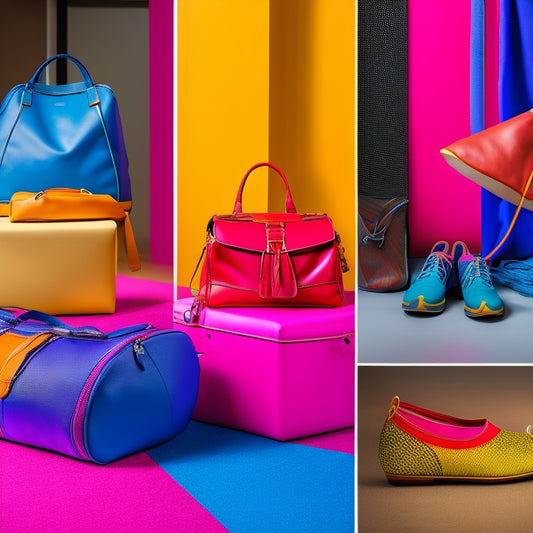 A vibrant dance studio scene showcasing various stylish travel bags: a sleek duffel, a chic backpack, and a compact tote, all surrounded by colorful dance shoes, costumes, and accessories, highlighting versatility and functionality.