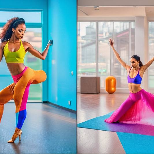 A vibrant dance studio setting with women in stylish, colorful dance outfits: high-waisted leggings, crop tops, flowing skirts, and sleek bodysuits, showcasing movement and grace, surrounded by mirrors and soft natural lighting.