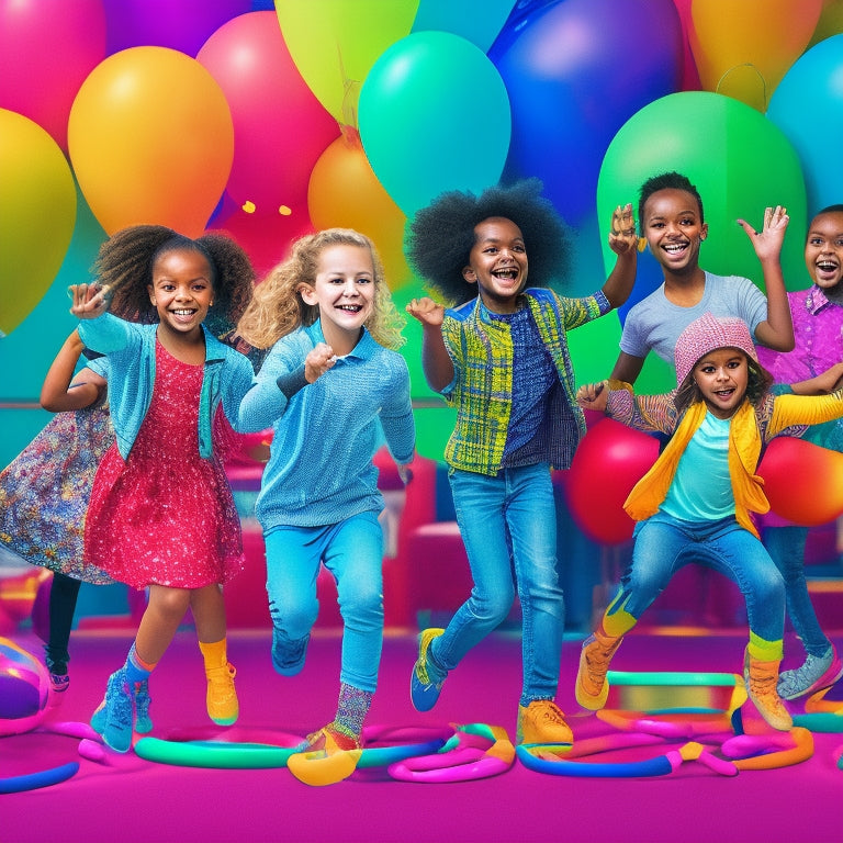 A colorful illustration of happy, diverse kids (ages 6-12) in a virtual dance studio, surrounded by laptops and tablets, with fun, swirling dance moves and colorful balloons in the background.