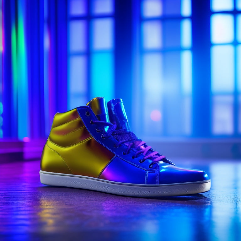 Create an image of sleek high top dance shoes in vibrant colors, set against a polished wooden dance floor with soft spotlighting, showcasing their stylish design and cushioned soles, inviting movement and comfort.