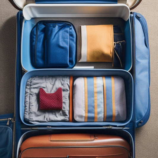 A overhead shot of a partially packed carry-on luggage, with a few clothes spilling out of an open zipper, and a few clothes packed in clear plastic bags, surrounded by scattered travel accessories.