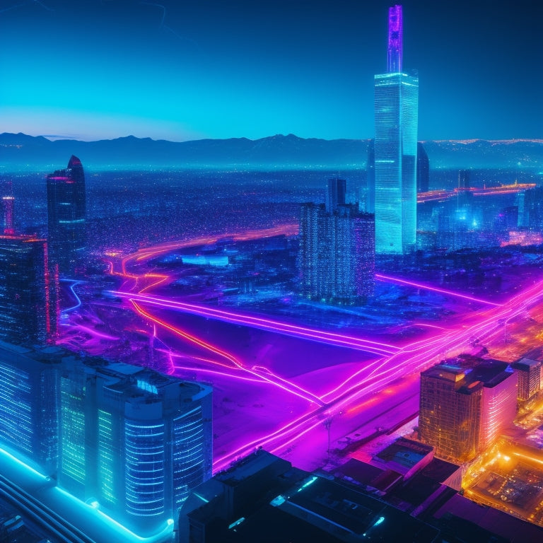 A dark, neon-lit cityscape at night with a giant, glowing network diagram superimposed over the skyscrapers, surrounded by dancing silhouettes with wires and circuits embedded in their bodies.