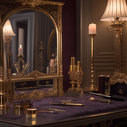 A glamorous, dimly lit, velvet-draped makeup station with a ornate, gold-framed mirror, surrounded by an array of luxurious cosmetics and precision makeup brushes, set against a soft, creamy background.
