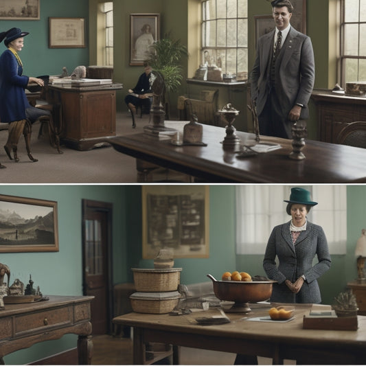 A split-screen image: a traditional classroom with a teacher at the chalkboard on the left, and a modern, eclectic workspace with a businesswoman surrounded by unusual props and artifacts on the right.