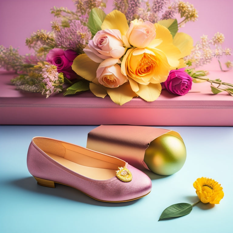 A warm and colorful illustration of a ballet slipper surrounded by flowers, with a delicate gift box and a pair of dancing shoes in the background, set against a soft pastel background.