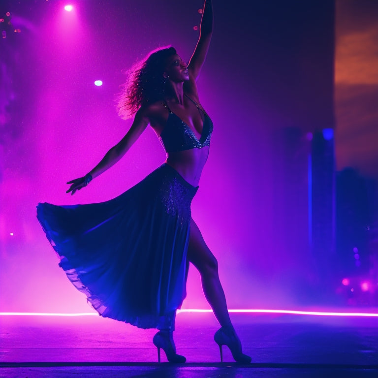 A silhouette of a confident dancer in mid-move, surrounded by swirling neon lights, with a cityscape or nightclub atmosphere in the blurred background, exuding a sense of coolness and energy.