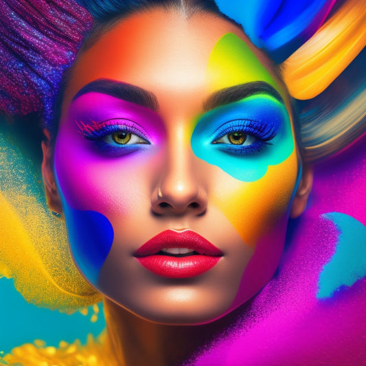 A colorful, abstract illustration featuring a dancer's face with bold, artistic makeup surrounded by swirling brushes, palettes, and mirrors, blended with social media icons and hashtags.