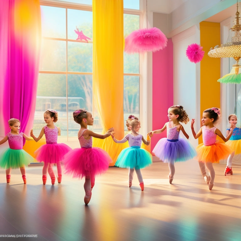 A whimsical illustration of a bright, sunlit dance studio filled with tiny ballerinas, ages 4-6, engaged in various ballet activities: twirling, leaping, and playing with colorful scarves and ribbons.