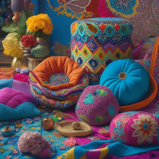 A whimsical, dreamlike scene featuring a kaleidoscope of colorful fabrics, intricately patterned textiles, and eclectic accessories, all swirling together in a vibrant, abstract composition.