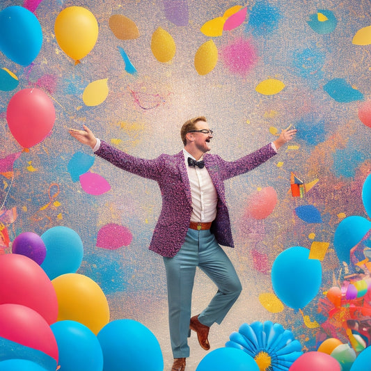 A colorful, whimsical illustration of a dancing English teacher surrounded by confetti, balloons, and vocabulary words in speech bubbles, amidst a backdrop of swirling dance-inspired patterns and shapes.