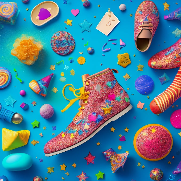 A colorful, whimsical illustration featuring a pair of dancing feet surrounded by a swirling vortex of stickers in various shapes, sizes, and colors, including stars, hearts, and music notes.