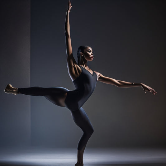 A dramatic spotlight shines on a dancer in a sleek black leotard, posing in a powerful arabesque, with subtle shading accentuating defined muscles and a strong, toned physique.