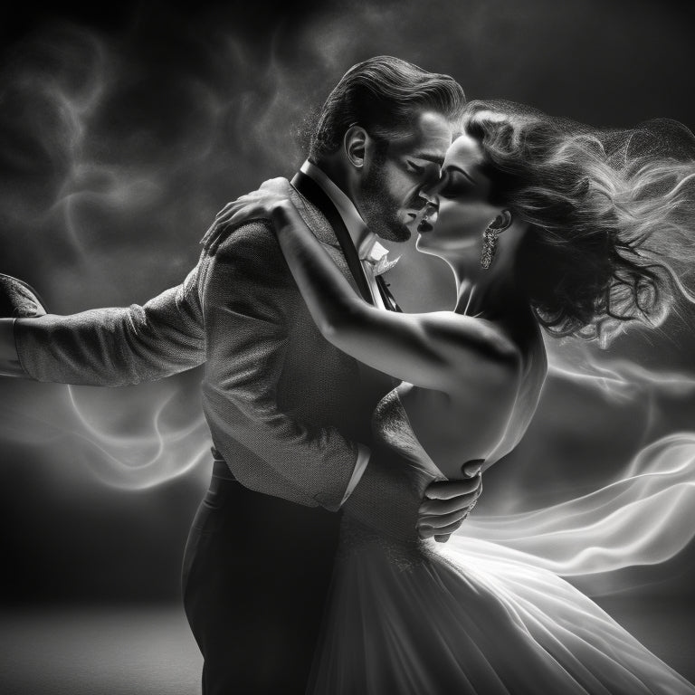 A dramatic, black-and-white illustration of a tango dancing couple, surrounded by swirling, abstract brushstrokes evoking passion and energy, set against a dark, gradient background.