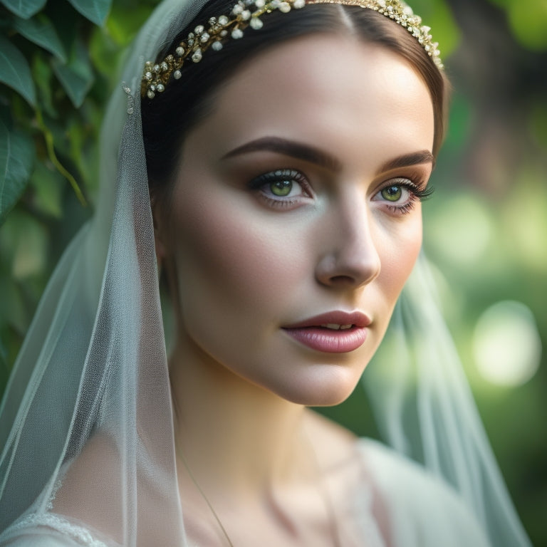 A serene, ethereal bridal portrait with a soft, golden lighting, delicate lace veil, and intricate braided updo, set against a lush, emerald greenery backdrop with subtle, sparkling highlights.