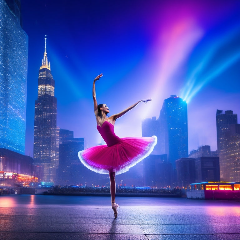 A spotlight shines on a dancer in mid-pose, surrounded by a halo of colorful stage lights, with a subtle cityscape or theater background, and a few music notes or dance-inspired shapes orbiting around them.