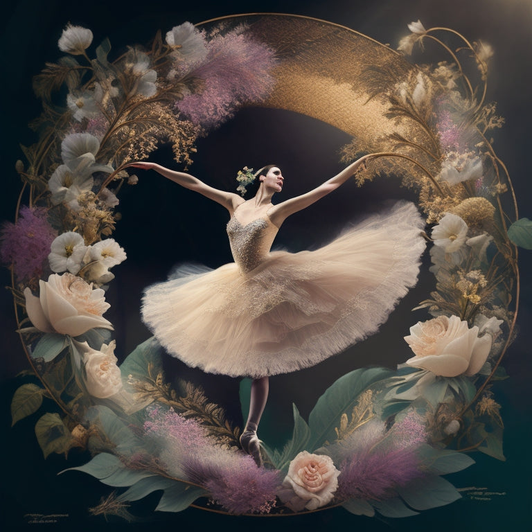 A delicate, hand-drawn illustration of a ballerina in motion, surrounded by swirling flowers and vines, set against a soft, creamy background, with gentle, expressive lines and subtle shading.