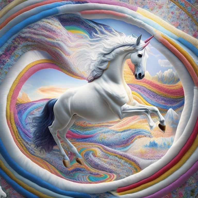 A whimsical illustration featuring a unicorn prancing amidst a swirling vortex of colorful quilt pieces, with threads and fabrics unfolding like a magical aura around it.