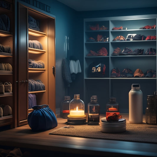 A serene, dimly lit athletic locker room with a single, spotlighted athlete in the center, surrounded by scattered athletic gear, with a subtle, warm glow emanating from candles and essential oil diffusers.