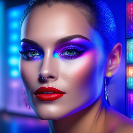 A glamorous, spotlight-lit dancer's face, with a bold, colorful makeup design, surrounded by floating digital screens displaying various makeup tutorials and tools, with subtle, shimmering digital effects.