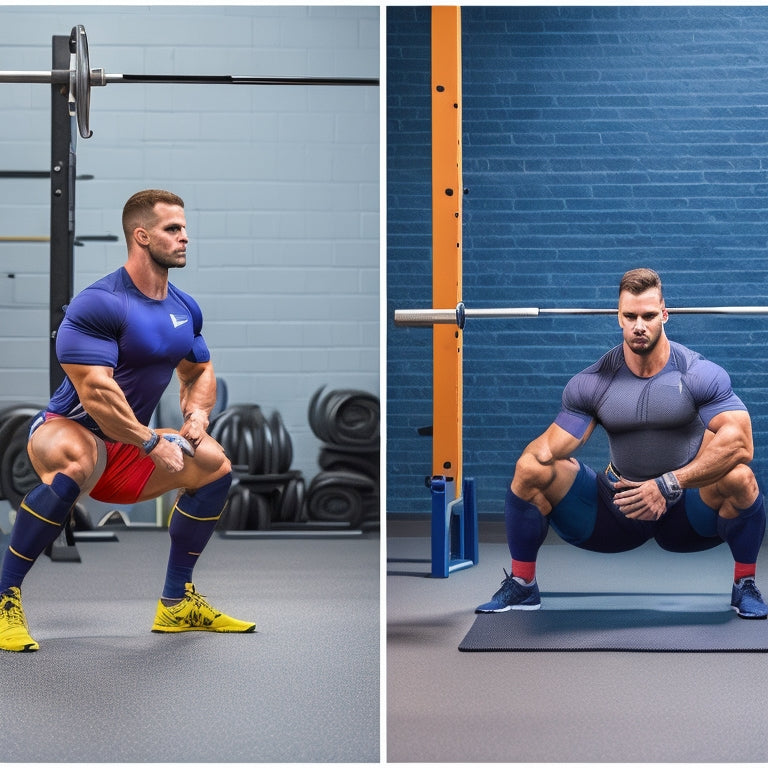A split-screen image featuring a person performing an injury-prone exercise on the left (e.g., deep squat or heavy deadlift) and a modified, safer version of the same exercise on the right (e.g., goblet squat or trap bar deadlift).