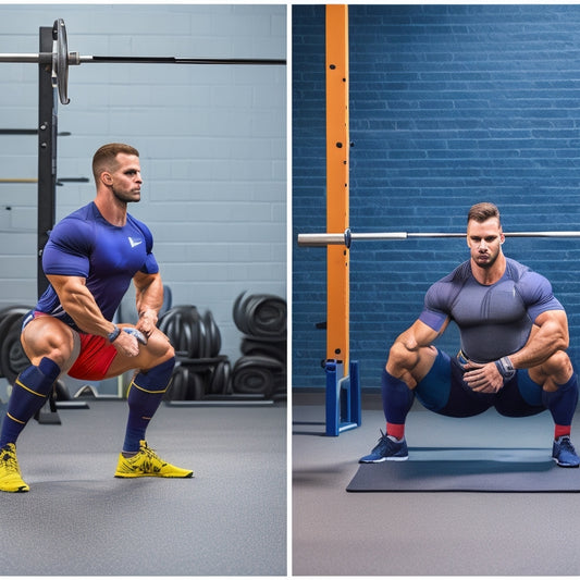 A split-screen image featuring a person performing an injury-prone exercise on the left (e.g., deep squat or heavy deadlift) and a modified, safer version of the same exercise on the right (e.g., goblet squat or trap bar deadlift).