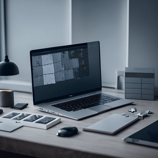 A futuristic, minimalist desktop with a sleek laptop displaying a custom registration form on its screen, surrounded by scattered puzzle pieces and a subtle grid pattern in the background.