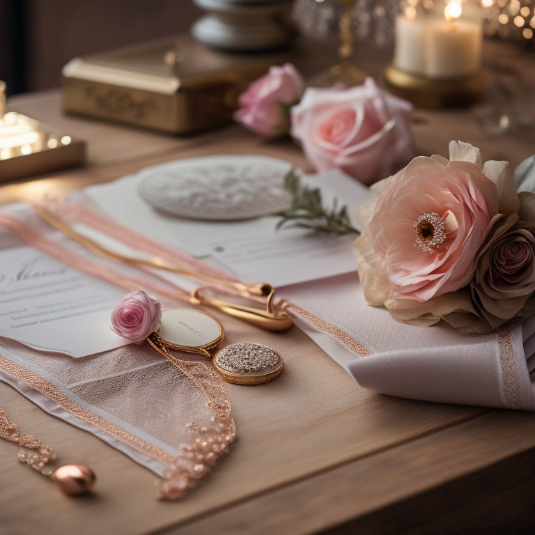 A delicate, lace-draped wedding planner lies open on a rustic wooden desk, surrounded by elegant, rose-gold paperweights, a few strategically placed flower petals, and a subtle, soft-focus wedding veil in the background.