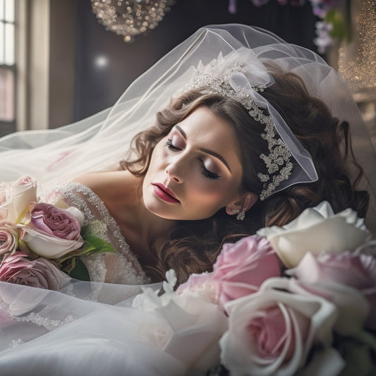 A frazzled bride, hair disheveled, veil askew, stands amidst a whirlwind of wedding decorations, flowers, and papers, with a faint church background, surrounded by flying wedding bells and scattered rose petals.