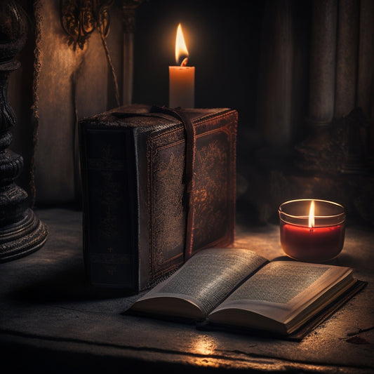 A haunting, dimly-lit illustration of a worn, leather-bound book with a cracked spine, surrounded by eerie, flickering candles, and a scattering of blood-stained, crumpled papers.