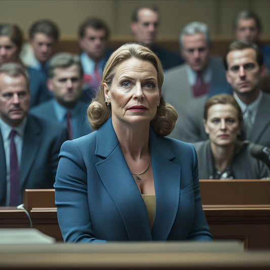 A dramatic, low-lit courtroom scene: Miranda Derrick, a determined-looking woman in her 40s, stands confidently in front of a judge's bench, surrounded by stern-faced lawyers and a blurred-out crowd.