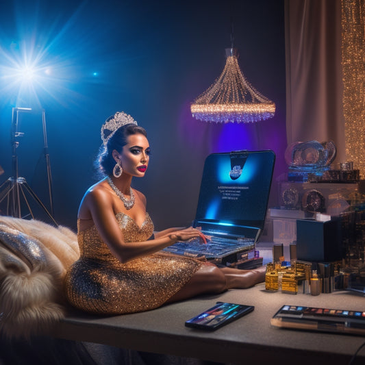 A glamorous dancer, surrounded by makeup brushes and palettes, sits in front of a ring light, with a laptop and smartphone nearby, amidst a backdrop of sparkling stage lights and curtains.