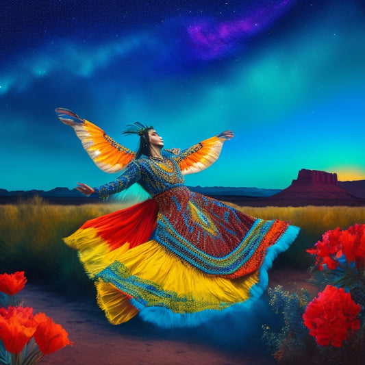 A vibrant oil painting depicting a dynamic Native American dancer in mid-leap, surrounded by swirling butterflies in shades of turquoise, orange, and yellow, set against a dark, starry night sky.